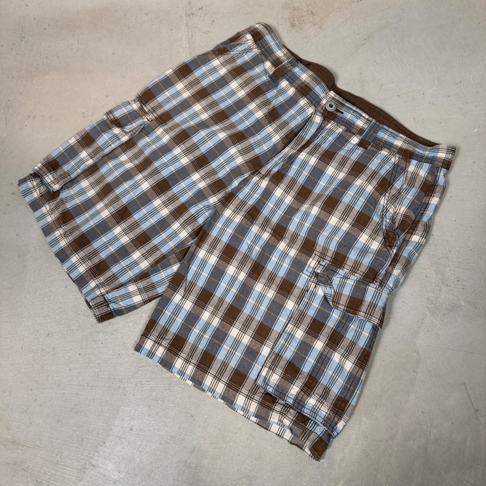 Carbon Mens Plaid Cargo Shorts Size 36 Brown Blue White Cotton Casual Outdoor